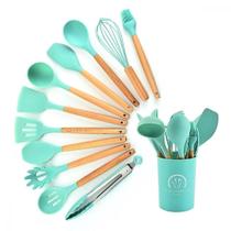 Jogo de Utensílios de Cozinha Antiaderentes com Cabo de Madeira 12 Peças XLS CJ-028: Silicone Premium para Cozinhar sem Riscar Panelas