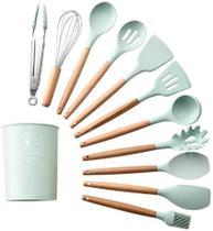 Jogo de Utensílios de Cozinha em Silicone e Madeira 12 peças - VERDE Jogo de Utensílios de Cozinha em Silicone e Madeira 12 peças - VERDE