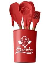 Jogo de Utensílios de Cozinha em Silicone e Madeira 7 Peças - vermelho - unique