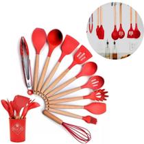 Jogo de Utensílios de Cozinha Premium Silicone com Cabo de Madeira 12 Peças