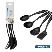 Jogo de Utensílios de Cozinha Tramontina Nylon Preto Conjunto 4 Peças Espatula Concha Escumadeira e Colher de Arroz