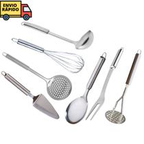 Jogo De Utensílios De Inox 7 Peças Com Concha De Feijão Escumadeira Garfo Trinchante Jogo De Utensílios De Inox 7 Peças Com Concha De Feijão Escumadeira Garfo Trinchante