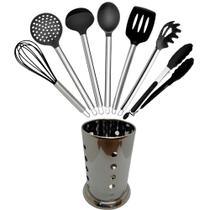 Jogo de Utensílios em Silicone Preto com Suporte Inox 7 Peças Kit Cozinha Moderno Versátil Tendência - JFZ IMPORT