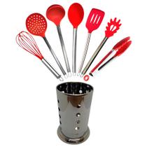 Jogo de Utensílios em Silicone Vermelho com Suporte Inox 7 Peças Kit Cozinha Moderno Versátil
