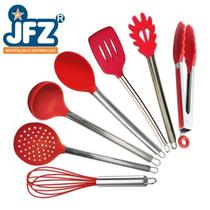 Jogo de utensilios para cozinha em silicone c/ pegador 7 pçs vermelho