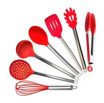 Jogo De Utensílios Para Cozinha Silicone E Inox Com Pegador 7 Pçs Vermelho Jogo De Utensílios Para Cozinha Silicone E Inox Com Pegador 7 Pçs Vermelho