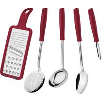 Jogo de Utensílios Tramontina Aço Inox Easy Vermelho 5 Pç