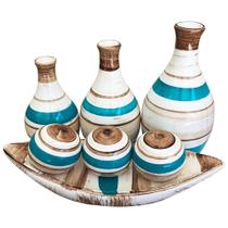 Jogo de Vasos Egípcios e Barca 3 Esferas em Cerâmica Decor - Azul Cintilante - Retrofenna Decor