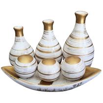 Jogo de Vasos Egípcios e Barca 3 Esferas em Cerâmica Decor - White Gold