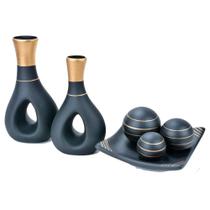 Jogo de Vasos Par Furados e Centro de Mesa 3 esferas Cerâmica Fosca - Black Gold