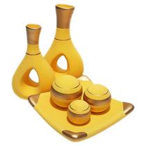 Jogo de Vasos Par Furados e Prato 3 esferas Cerâmica Fosca - Canário Gold