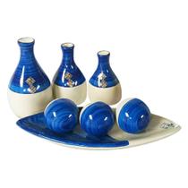 Jogo de Vasos Trio Garrafas e Barca 3 Esferas Cerâmica Decor - Azul