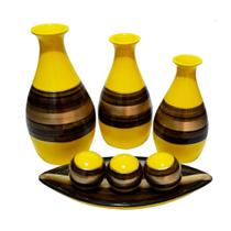 Jogo de Vasos Trio Garrafas e Barca 3 Esferas Cerâmica Decor - Yellow Gold - Retrofenna Decor