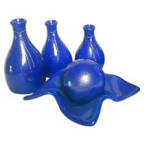 Jogo de Vasos Trio Garrafas e Centro de Mesa em Cerâmica - Azul Royal