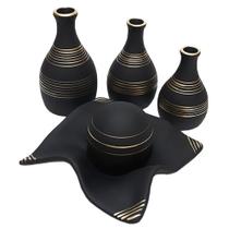 Jogo de Vasos Trio Garrafas e Centro de Mesa em Cerâmica Fosca - Black Gold - Retrofenna Decor