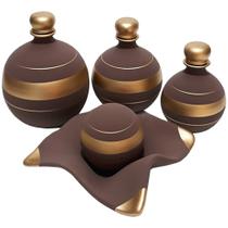 Jogo de Vasos Trio Shalom e Centro de Mesa em Cerâmica Fosca - Brown Gold
