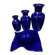 Jogo de Vasos Trio Urnas Jad e Centro de Mesa em Cerâmica - Azul Royal