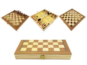 Jogo de Xadrez Damas e Gamão Dobrável em madeira 3 em 1 Grande Hoyle Games Tabuleiro 37,5 x 38,5 CM