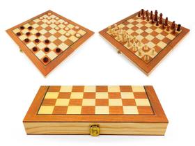 Jogo de Xadrez e Dama Caixa Tabuleiro de Madeira Dobrável 2 em 1 Grande 37,5x38,5cm Hoyle Games