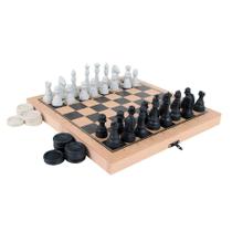 Jogo de xadrez e damas caixa madeira com fecho 56 peças