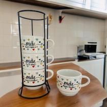 Jogo De Xícara Café Chá Branca Com Suporte 4 Canecas Mãe Corações Coloridos Jogo De Xícara Café Chá Branca Com Suporte 4 Canecas Mãe Corações Coloridos