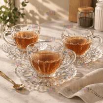 Jogo de Xicara com Pires 6 PEÇAS BRASILIANO C/ PIRES 110ml Vidro Cafe Cha Vidro Conjunto Transparente
