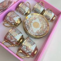 Jogo De Xicara Com Pires De Café De Porcelana 12 Peças Luxo(Xicara Vermelha)