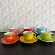 Jogo de xícara de café de cerâmica colorido com 12 peças com palavras 90ml rosa azul vermelho