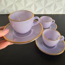 Jogo de xícara de café lilás / roxo com pires borda dourada 85ml de vidro - cantinho do café Jogo de xícara de café lilás / roxo com pires borda dourada 85ml de vidro - cantinho do café