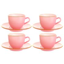 Jogo de xícara de café rosa com borda dourada 85ml com pires de vidro na caixa - 8 peças cafe ou chá