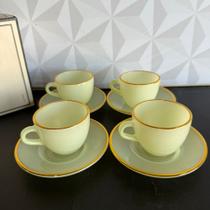 Jogo de xícara de café verde com fio de ouro borda dourada 90ml com pires 8 peças