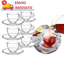 Jogo de Xícara de Chá com Pires 220ml Grande Vidro Incolor Cristal Chumbo Mesa Coleção Pearl