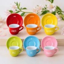 Jogo de xícara de chá de cerâmica colorida com palavras 12 peças com pires rosa azul laranja