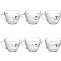 Jogo de xícara de chá gatinho 200ml com 6 peças de vidro - kit conjunto de xícaras cantinho do café