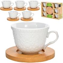 Jogo de Xícara de Porcelana com Pires de bambu para Café 100ml 12 Peças Wincy