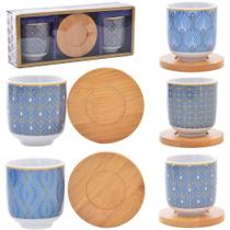 Jogo de xicara de porcelana com pires de bambu para café 4 peças 110ml - RIO DE OURO