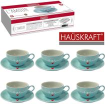 Jogo de xicara de porcelana com pires para cha its coffee time l'amour azul hauskraft 12 pecas 160ml