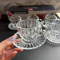 Jogo de xícara de vidro com pires pétala transparente para café com 12 peças 100ml decorada kit conjunto xicara cafe Jogo de xícara de vidro com pires pétala transparente para café com 12 peças 100ml decorada kit conjunto xicara cafe