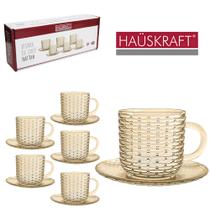 Jogo de xícara de vidro dourada rattan com pires 12 peças kit conjunto xícaras ambar