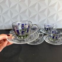 Jogo de xícara de vidro lavanda com pires 12 peças lyor para café 85ml kit conjunto xícaras