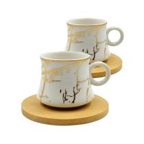 Jogo de Xícara Porcelana Marmorizada Com Pires De Bambu 80ml