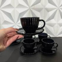 Jogo de xícara preta de vidro para café com pires pétala 12 peças kit conjunto xícaras 100ml para cozinha preto chá