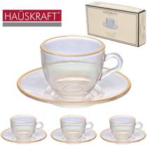 Jogo De Xicara Vidro Com Borda Dourada + Pires Para Café Linha Cristal Menfis Hauskraft Premium 8 Pecas 85ml