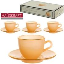 Jogo De Xicara Vidro Com Borda Dourada + Pires Para Café Linha Cristal Menfis Hauskraft Premium 8 Pecas 85ml
