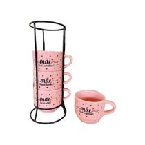 Jogo De Xícaras Café Chá Rosa Com Suporte 4 Canecas Mãe Poá Jogo De Xícaras Café Chá Rosa Com Suporte 4 Canecas Mãe Poá