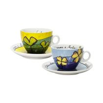 Jogo de xícaras capucciono com pires em porcelana Egan 90ml 2 peças amarela e azul