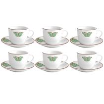 Jogo De Xícaras Chá Café Com Pires 220ml Kit 6 Peças Borboleta Borda Decorada Porcelana