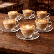 Jogo de Xicaras com Pires 12 PEÇAS LILY 220ml Cozinha Café Louça Vidro Crystal Mesa Retro Cha