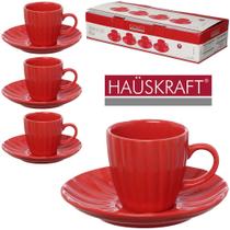 Jogo de Xícaras com Pires 90 ml Bella Vermelho 4 Peças Hauskraft