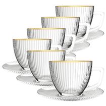 Jogo de Xícaras Com Pires Graffiato para Chá em Vidro Transparente Borda Dourada 230ML - 12 Peças